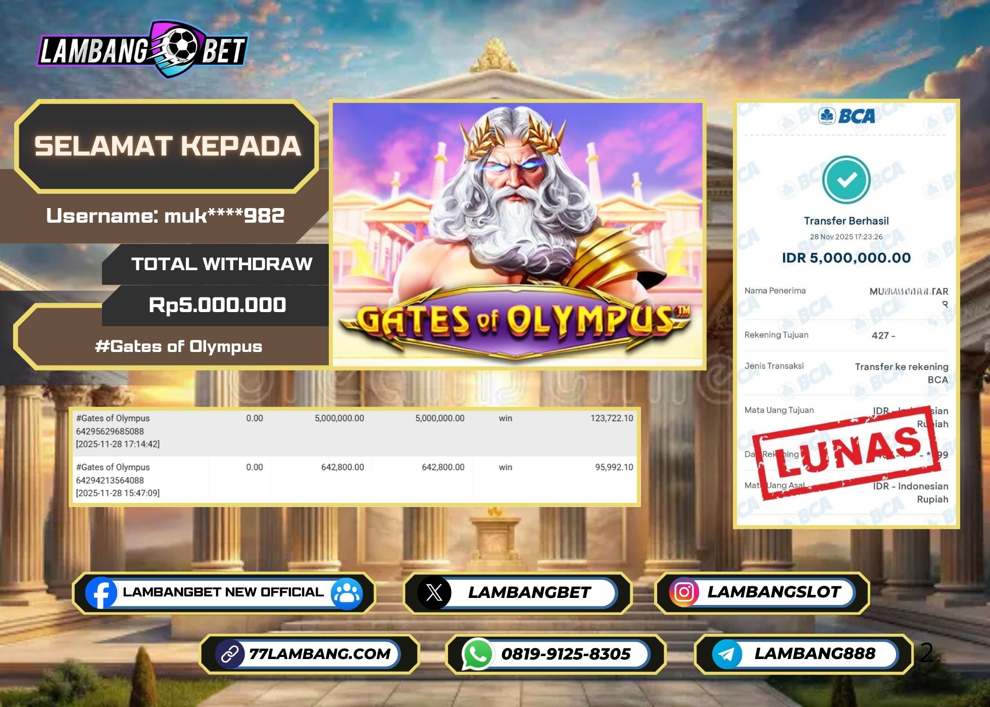 LAMBANGBET [28 NOVEMBER 2025] JACKPOT SLOT Gates of Olympus "Rp5.000.000" LUNAS